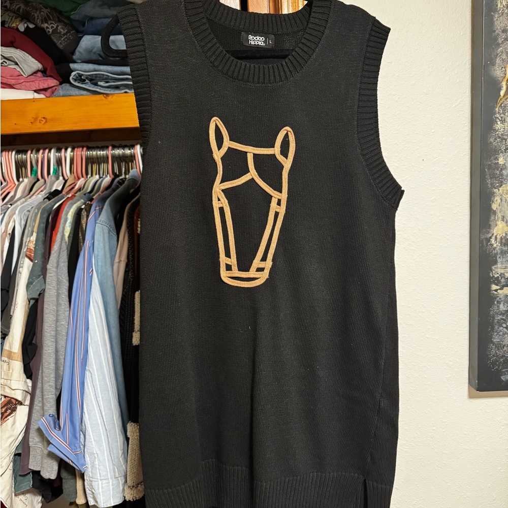 Black Sleeveless Knit Dress with Tan Horse Motif